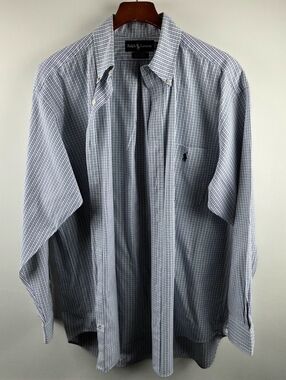 Vtg Ralph Lauren Big Shirt Mens Medium Blue Long Sleeve Button Down Check